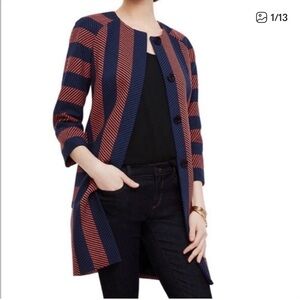 Ann Taylor Blue Orange Stripe Long Coat - Petite